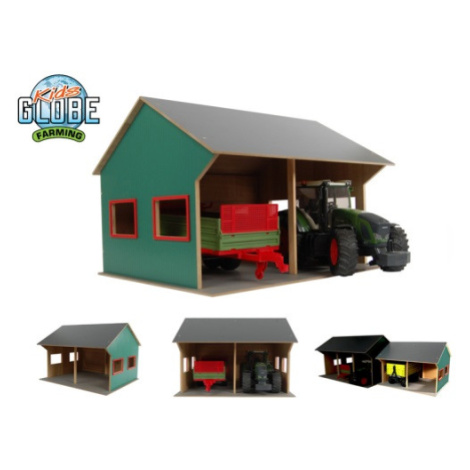 MIKRO TRADING - Kids Globe Farming dřevěná garáž 44x53x37cm 1:16 pro 2 traktory v krabičce