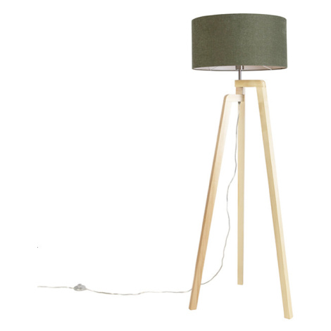 Stojací lampa stativ dřevo se stínidlem 50 cm zelená - Puros QAZQA