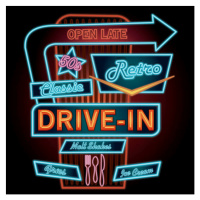 Ilustrace Classic Drive-In Theatre neon sign, JDawnInk, 40 × 40 cm