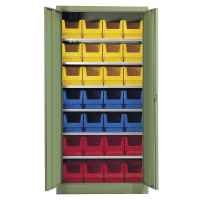 mauser Skladová skříň, jednobarevná, s 28 přepravkami s viditelným obsahem, 6 polic, zelená, od 