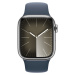 Apple Watch Series 9 Cellular 41mm Stříbrná ocel s bouřkově modrým sportovním řemínkem S/M Stříb