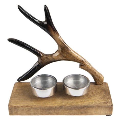 Hnědý dřevěný svícen na čajovou svíčku s parožím – 17x7x17 cm Clayre & Eef