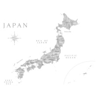 Mapa Map of Japan in gray watercolor, Blursbyai, 40 × 26.7 cm