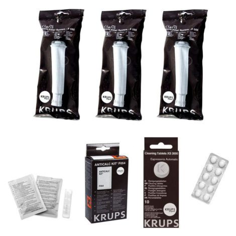 Krups F08801 Aqua Filter Claris 3 ks + F0540010 odvápňovač + XS300010 čisticí tablety
