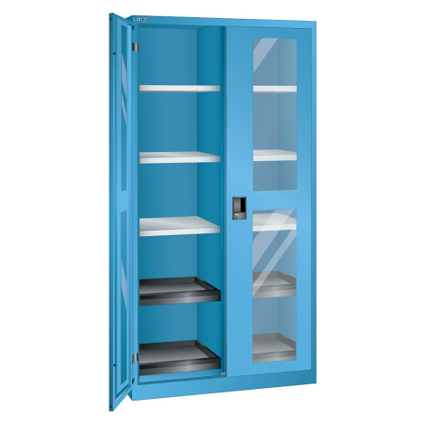 LISTA Skříň s prosklenými dveřmi, v x š x h 1950 x 1000 x 580 mm, 10 polic, světlá modrá