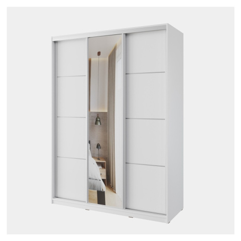 Šatní skříň NEJBY BARNABA 150 cm s posuvnými dveřmi, zrcadlem,4 šuplíky a 2 šatními tyčemi,bílý  Lamivex