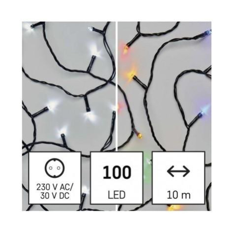 LED vánoční řetěz 2v1, 10 m, venkovní i vnitřní, studená bílá/multicolor, programy EMOS