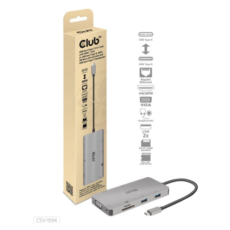 Club3D hub USB-C, 9-in-1 hub s HDMI, VGA, 2x USB Gen1 Type-A, RJ45, 100W PD