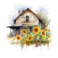 Obrazy na stěnu - Dřevěná chaloupka se slunečnicovou zahradou Rozměr: 40x50 cm, Rámování: vypnut