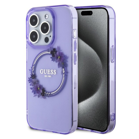 Guess PC/TPU Flowers Ring Glossy Logo MagSafe kryt iPhone 15 Pro Max fialový