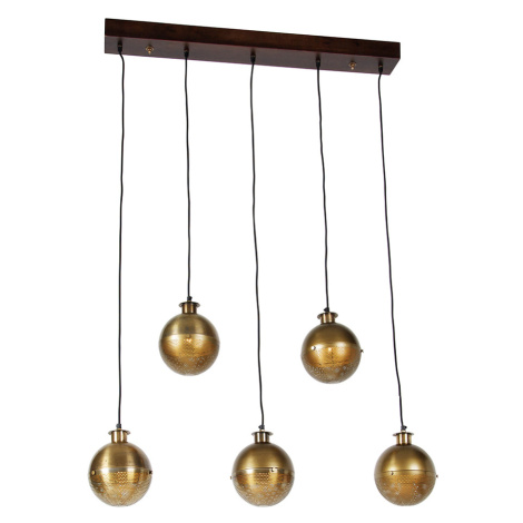 Průmyslové závěsné svítidlo bronzové se dřevem 5 světel - Haicha QAZQA
