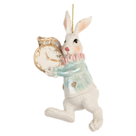 Velikonoční závěsná ozdoba bílý zajíček s kapesními hodinkami Wonderland – 5x3x9 cm Clayre & Eef