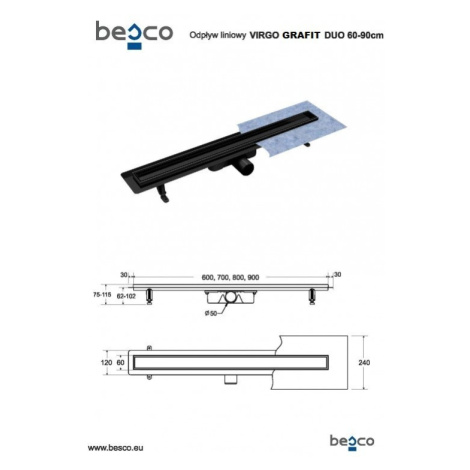 BESCO Odtokový žlab VIRGO DUO GRAFIT s roštem 2v1 Rozměr A 70 ZLOL70VGR