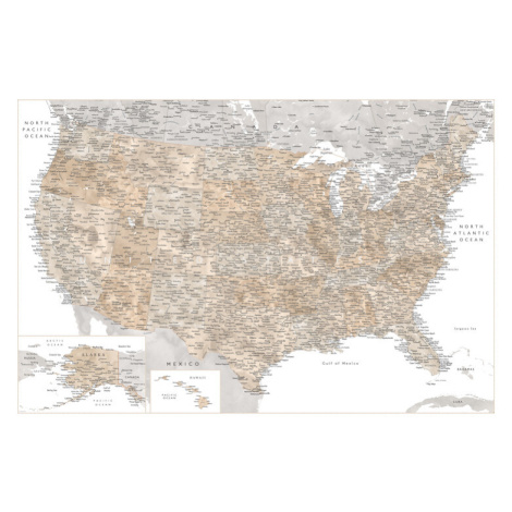 Mapa Highly detailed map of the United States in neutral watercolor, Blursbyai, 40 × 26.7 cm