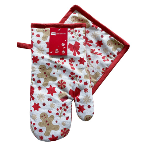 Vánoční kuchyňský set vánoční rukavice/chňapka CHRISTMASSY bílá/červená 18x30 cm/20X20 cm 100% b