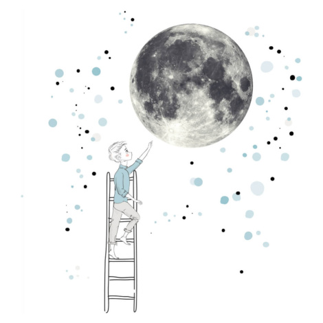 Samolepka na zeď - Měsíc a chlapec v modré barvě, velké samolepky INSPIO