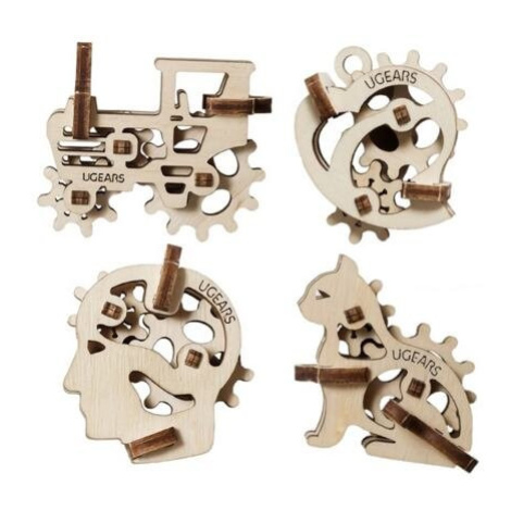 Ugears 3D dřevěné mechanické puzzle 4 mechanické přívěšky Charakterové symboly