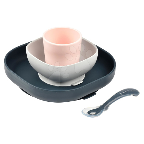 Jídelní souprava Beaba Silicone meal set ze silikonu 4dílná růžovo-šedo-modrá pro miminka
