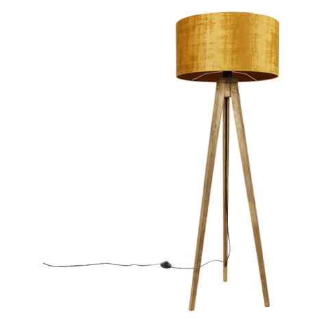 Rustikální stojací lampa na trojnožce vintage dřevo se zlatým stínítkem 50 cm - Tripod Classic QAZQA