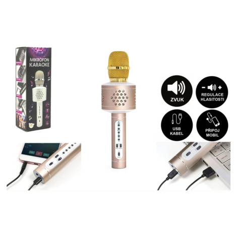Mikrofon karaoke Bluetooth zlatý na baterie s USB kabelem v krabici 10x28x8,5cm Teddies