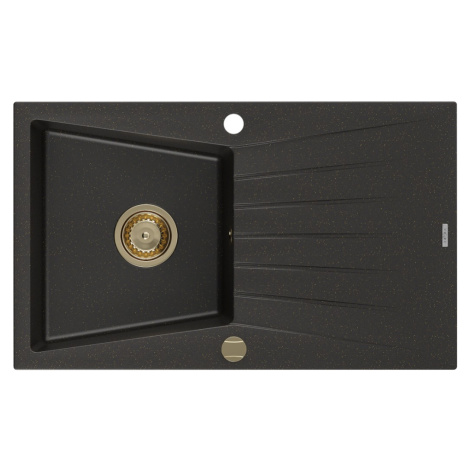 MEXEN/S Cesar granitový dřez 1 s odkapávačem 775x470 mm, černá/zlatá metalik, syfon chrom 651477