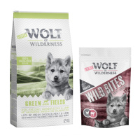 Wolf of Wilderness granule 12 kg + snack 180g zdarma! - Junior - Green Fields - jehněčí + Leafy 