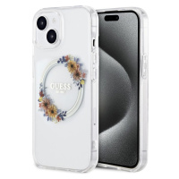 Pouzdro Guess PC/TPU Flowers Ring Glossy Logo MagSafe Apple iPhone 14 Transparent