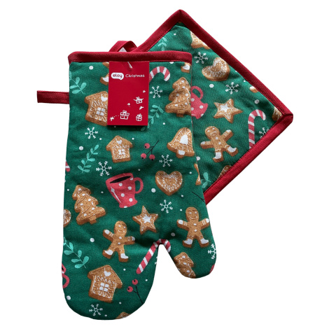 Vánoční kuchyňský set vánoční rukavice/chňapka CHRISTMASSY zelená 18x30 cm/20X20 cm 100% bavlna 