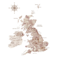 Mapa Brown watercolor map of the British Islands, Blursbyai, 30 × 40 cm