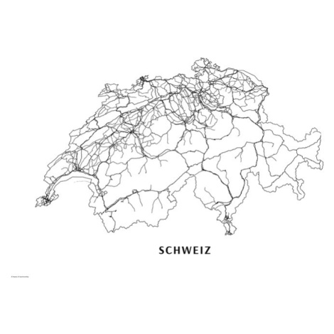 Mapa Švýcarsko black & white, 40 × 26.7 cm