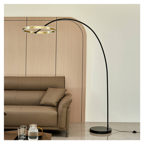 Lucande Lucande LED oblouková stojací lampa Yekta, 3stupňová, mosazná barva