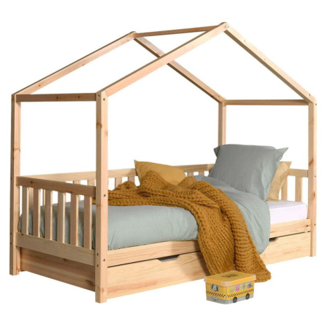 Domečková dětská postel z borovicového dřeva s výsuvným lůžkem a úložným prostorem v přírodní ba Vipack