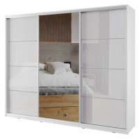 Šatní skříň NEJBY BARNABA 250 cm s posuvnými dveřmi, zrcadlem,4 šuplíky a 2 šatními tyčemi,bílý 