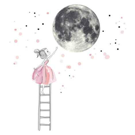 Samolepka na zeď - Měsíc a dívka v růžové barvě, velké samolepky INSPIO