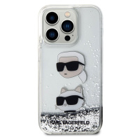 Zadní kryt Karl Lagerfeld Liquid Glitter Karl and Choupette Head pro iPhone 15 Pro, stříbrná