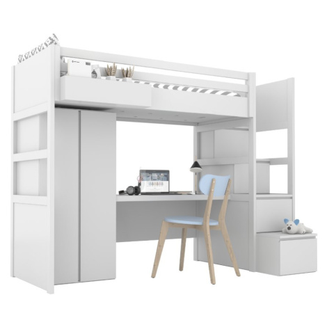 BAMI Bílá vyvýšená postel SIMONE s úložnými schody, skříní, psacím stolem a policí 90x200 cm Zvo