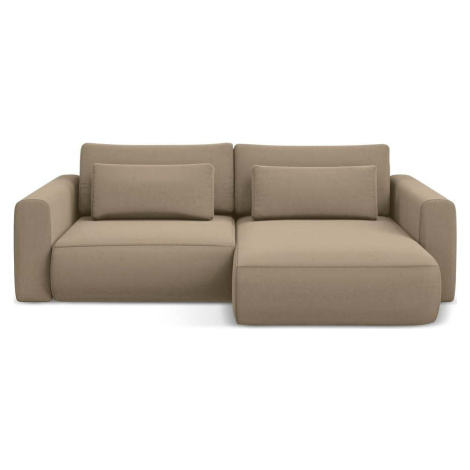 Světle hnědá sametová rozkládací/s úložným prostorem rohová pohovka (pravý roh/s lenoškou) Kapua