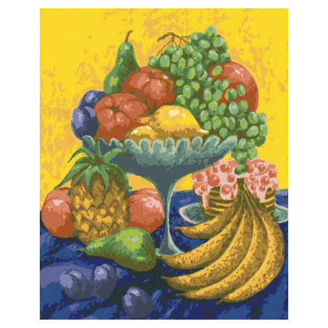 Zátiší s ovocem na žlutomodrém pozadí, 80×100 cm, vypnuté plátno na rám