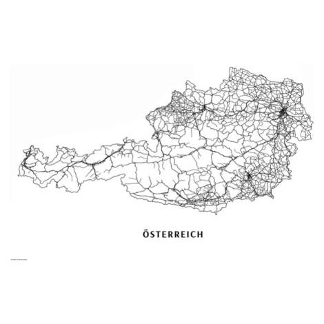 Mapa Rakousko black & white, (40 x 26.7 cm)
