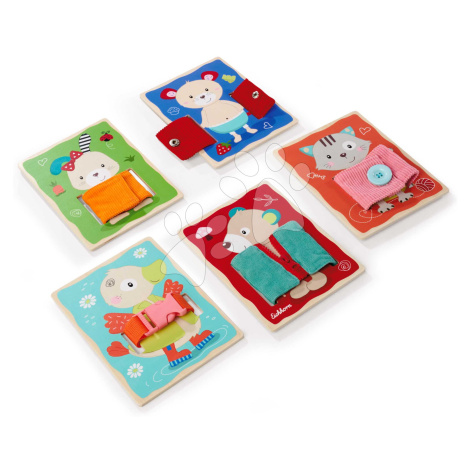 Dřevěná hra Obleč zvířátka Dressboard Fabric Eichhorn 5 zvířátek s různými typy zapínání pro roz