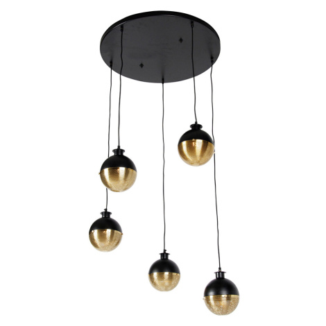 Průmyslová závěsná lampa černá s mosaznými 5 světly - Haicha QAZQA