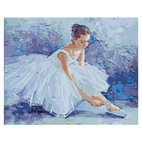 Baletka zavazující si své baletní špičky, 40×50 cm, bez rámu a bez vypnutí plátna