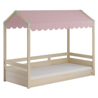 Domečková postel se stříškou fairy ii - dub světlý/růžová