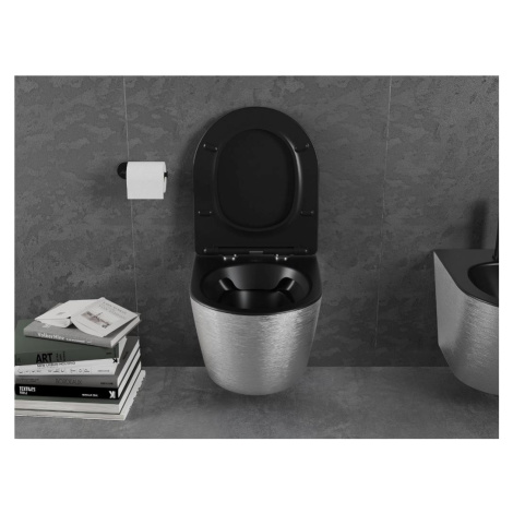 MEXEN Lena Závěsná WC mísa včetně sedátka s slow-slim, duroplast, černá mat / stríbrný vzor 3022