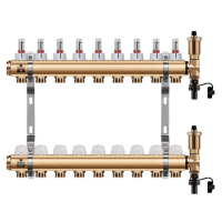 Wigell Podlahový rozdělovač WIGELL, 9 okruhů, mosazný + automatické odvzdušňování