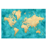 Mapa Detailed world map with cities in gold and teal watercolor, Lexy, Blursbyai, 40 × 26.7 cm