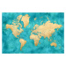 Mapa Detailed world map with cities in gold and teal watercolor, Lexy, Blursbyai, 40 × 26.7 cm