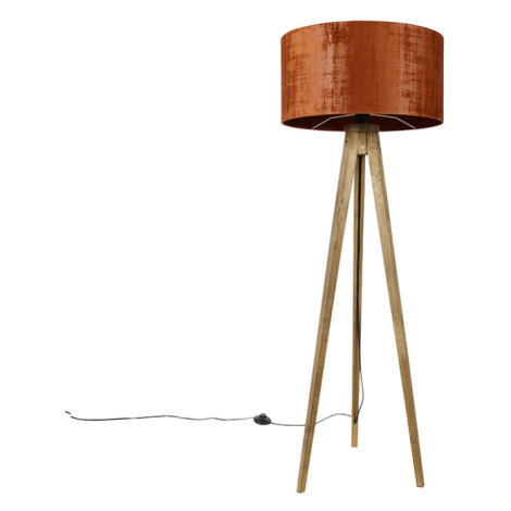 Rustikální stojací lampa na trojnožce vintage dřevo s červeným stínítkem 50 cm - Tripod Classic QAZQA