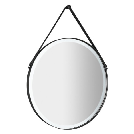 Sapho ORBITER kulaté zrcadlo s LED osvětlením ø 60cm, kožený pásek, černá mat