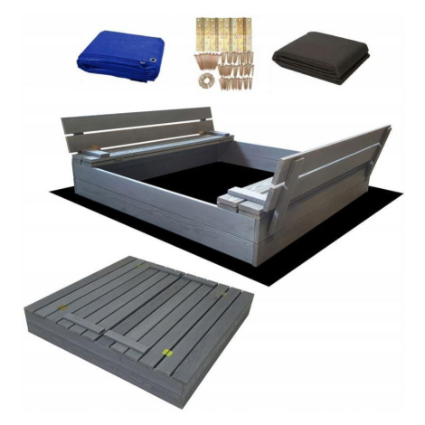 Šedé impregnované uzavíratelné pískoviště s lavičkami - 120x120 cm